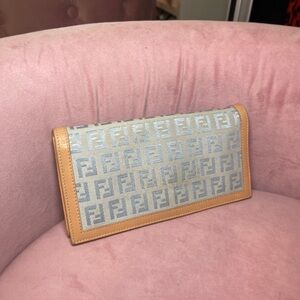 fendi light blue denim and beige leather wallet